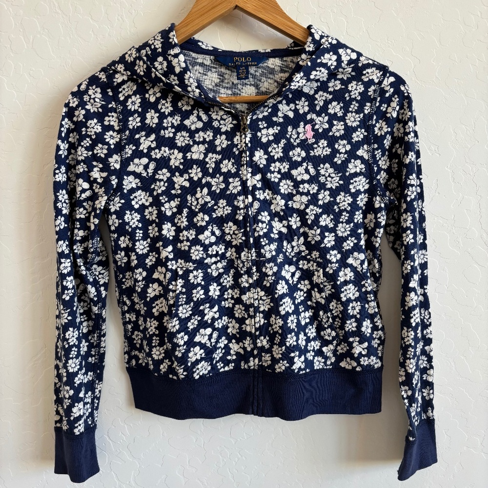 Polo Ralph Lauren girls' floral full-zip hoodie, 100% cotton, size 12-14 or L